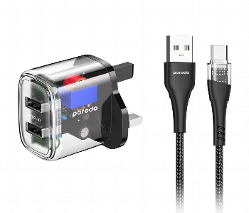 Express Delivery - Porodo Dual Output Transparent Charger 2.4A Uk With Usb A To Usb C Cable - ID 7148357