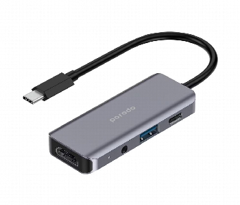 Porodo 4In1 Usb C Hub Type C Pd 100W Hdmi Usb 3.5Mm Aux Grey Front View - ID 7148548