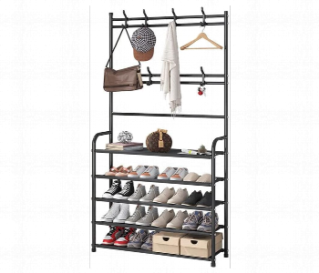 Express Delivery - 5 In 1 Shoe And Hat Rack Free Standing Coat Rack Shoe Cabinet With 12 Hooks And Grid Panel Metal Stand - ID 7154228
