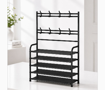 Express Delivery - 5 Tier Shoe Rack With Coat Hanger Black Metal Storage Organizer With 8 Hooks For Entryway Bedroom And Hallway 868 5 - ID 7155391