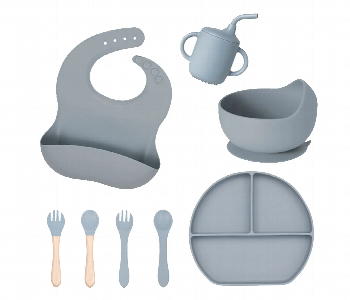 Express Delivery - Silicone Baby Feeding Set With Suction Plate Bowl Bib And Utensils Grey - ID 7156002