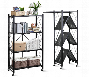 Express Delivery - 4 Tier Folding Storage Shelf Metal Rack With Rolling Wheels Stainless Steel Heavy Duty Black - ID 7158251
