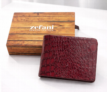 Express Delivery - Zefani Premium Croc Texture Genuine Leather Bi Fold Wallet For Men Maroon - ID 7159277