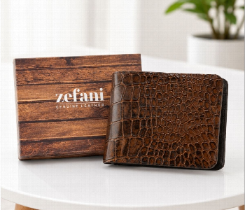 Express Delivery - Zefani Mens Genuine Leather Wallet 280126 Brown Crocodile Texture Bifold Wallet - ID 7159286