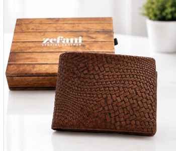 Express Delivery - Zefani Heritage Weave Genuine Leather Bi Fold Wallet 310126 Tan Mens Wallet With Card Slots Cash And Coin Pocket - ID 7159386