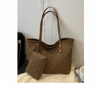 Express Delivery - Women Vintage Monogram Tote Bag Brown Large Capacity Shoulder Purse With Matching Small Pouch - ID 7164704
