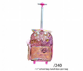 Pink Holographic Trolley School Bag Set 17 Inch Sequin Finish Front View - ID 7168743