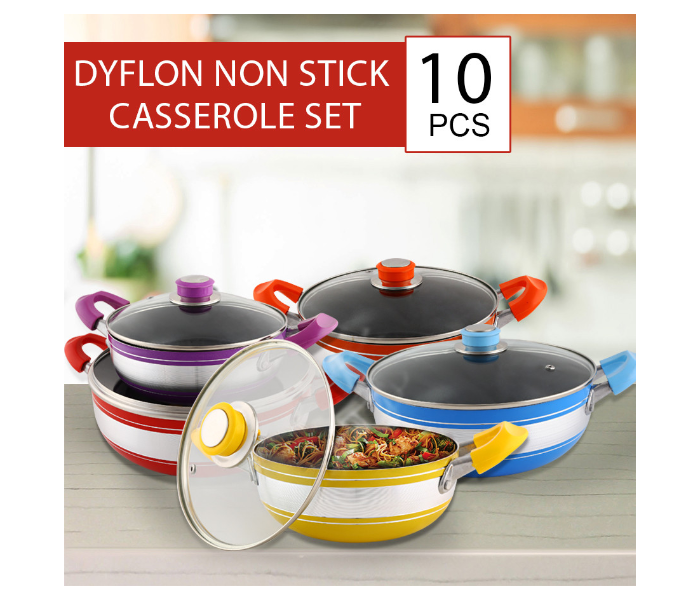 Kawashi 10 Pieces Dyflon Non Stick Casserole Set Multi Colour 1 in UAE
