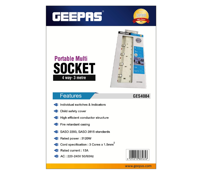 Geepas GES4084 3 Metre Portable Multi 4 Way Socket - White 4 in OMAN