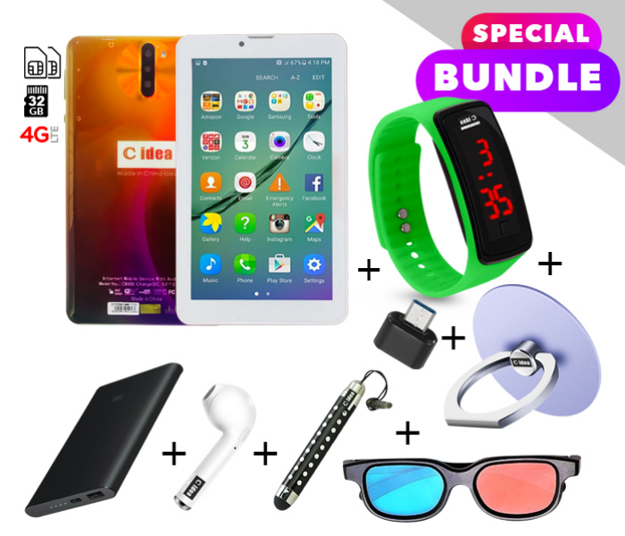C idea CM498 7 inch Dual Sim 3GB RAM 32GB ROM Android 4G LTE Tablet with Combo of Power Bank-Airpod-Finger Holder-Touch Pen-OTG Connector-3D Spectacles and LED Watch - Orange and Purple 1 in UAE