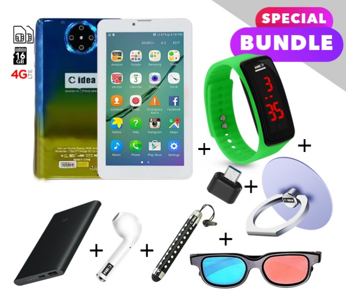 C idea CM422 7 inch Dual Sim 3GB RAM 16GB ROM Android 4G LTE Tablet with Combo of Power Bank-Airpod-Finger Holder-Touch Pen-OTG Connector-3D Spectacle and LED Watch - Gold and Blue 1 in UAE