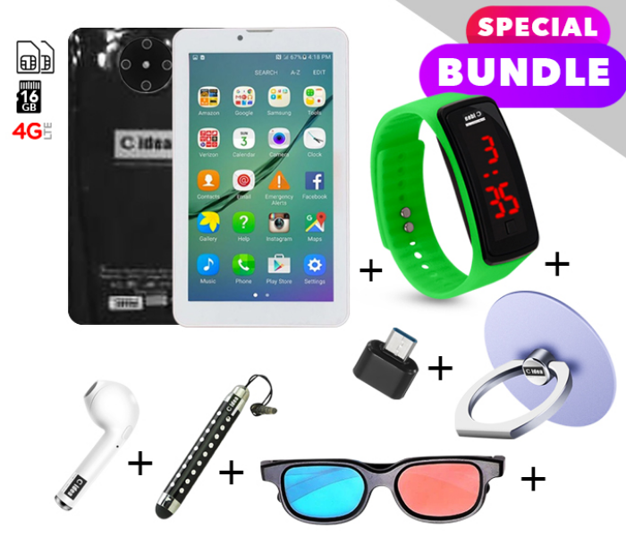 C idea CM430 7 inch Dual Sim 2GB RAM 16GB ROM Android 4G LTE Tablet with Combo of Airpod-Finger Holder-Touch Pen-OTG Connector-3D Spectacle and LED Watch - Black 1 in UAE