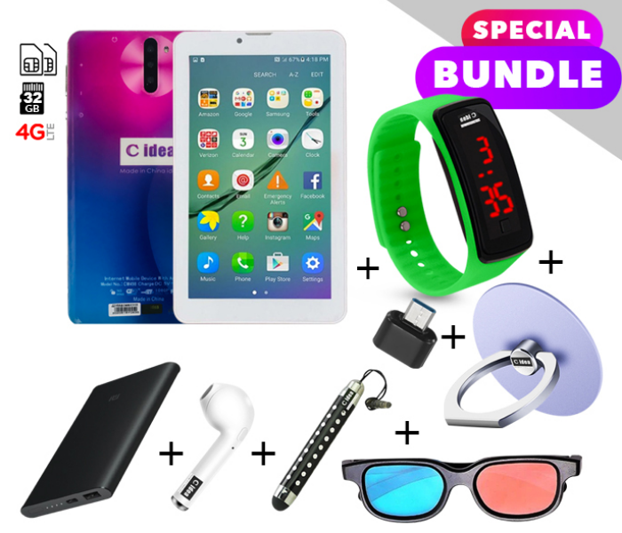 C idea CM498 7 inch Dual Sim 3GB RAM 32GB ROM Android 4G LTE Tablet with Combo of Power Bank-Airpod-Finger Holder-Touch Pen-OTG Connector-3D Spectacles and LED Watch - Blue and Purple 1 in UAE
