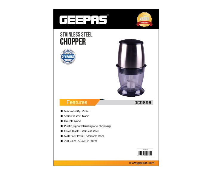 Geepas GC9896 550ml Double Blade Stainless Steel Chopper- Black and Silver 4 in UAE