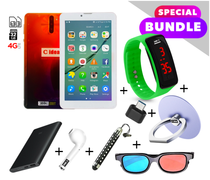 C idea CM498 7 inch Dual Sim 3GB RAM 32GB ROM Android 4G LTE Tablet with Combo of Power Bank-Airpod-Finger Holder-Touch Pen-OTG Connector-3D Spectacles and LED Watch - Red and Black 1 in UAE