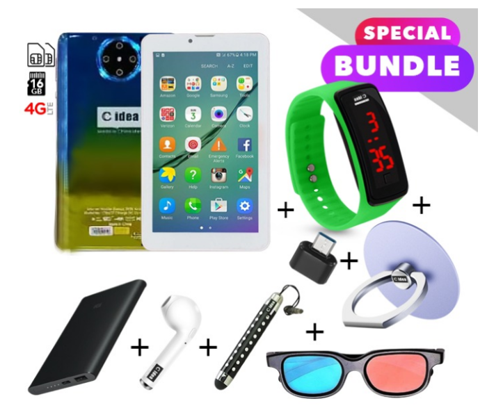 C idea CM422 7 inch Dual Sim 3GB RAM 16GB ROM Android 4G LTE Tablet with Combo of Power Bank-Airpod-Finger Holder-Touch Pen-OTG Connector-3D Spectacle and LED Watch - Blue and Yellow 1 in UAE