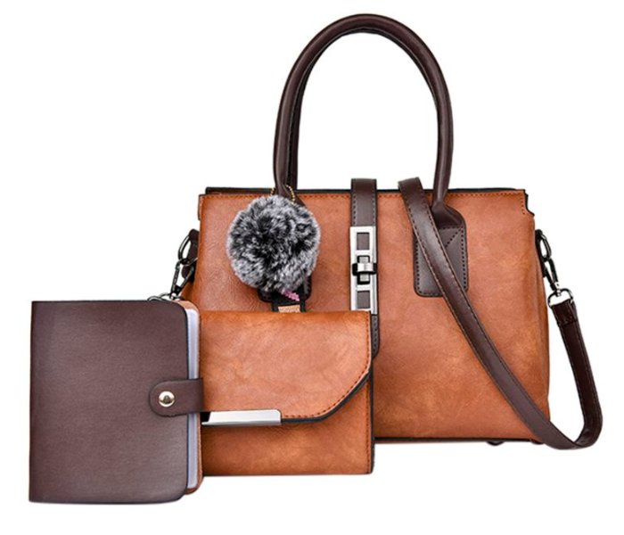 Woolen Ball Pendant Bucket 3 Pieces Handbag - Brown 1 in UAE