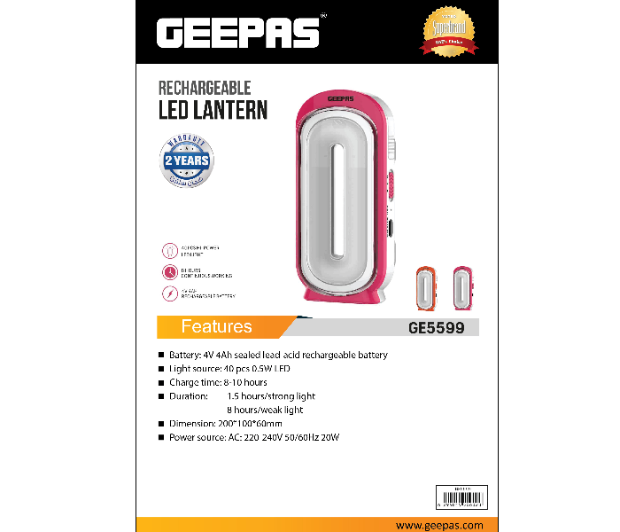 Geepas GE5599 40 LED Rechargeable Emergency Lantern - White and Red 2 in UAE