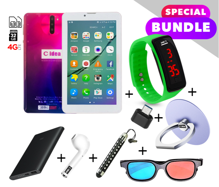 C idea CM498 7 inch Dual Sim 3GB RAM 32GB ROM Android 4G LTE Tablet with Combo of Power Bank-Airpod-Finger Holder-Touch Pen-OTG Connector-3D Spectacles and LED Watch - Pink and Blue 1 in UAE