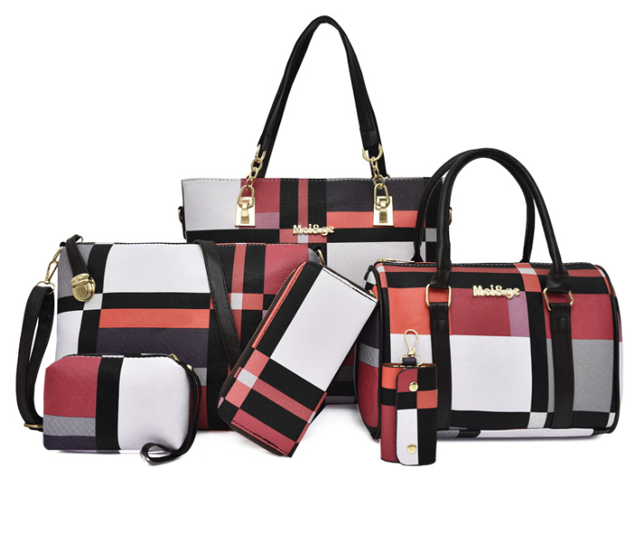 PU Leather 6 Pcs Check Pattern Composite Shoulder Crossbody Bag for Women -Pink and White 1 in UAE