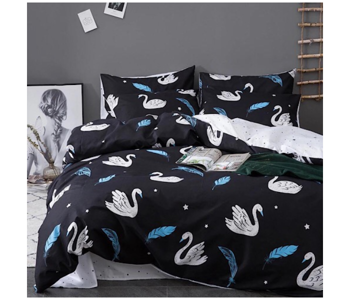 Swan Design 6 Pcs Cotton Double Size Bedsheet with Quilt Cover and Pillow Case - Black 1 in UAE