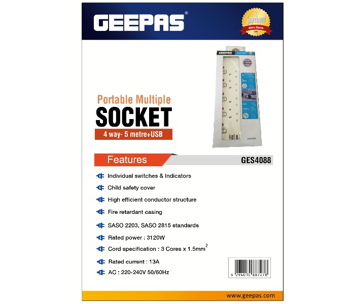 Geepas GES4088 5 Meter USB Sockets Extension 4 Way Board - White 4 in OMAN