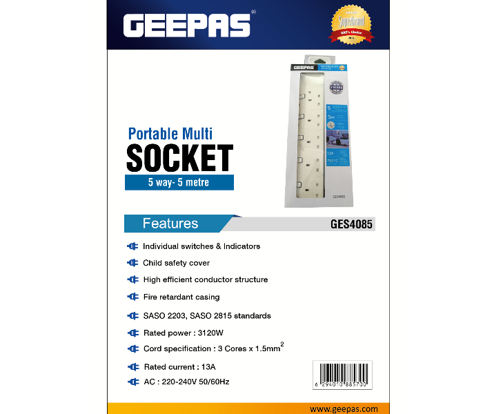 Geepas GES4085 5 Metre Portable Multi Socket 5 Way - White 4 in UAE