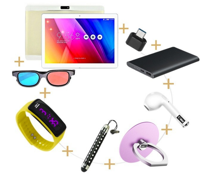 C idea CM2000 10.2 Inch Dual Sim 3GB RAM 64GB ROM Internal Memory Android 4G LTE Tablet With Combo of Power Bank, Airpod, Finger Holder, Touch Pen and LED Watch - Gold 1 in UAE