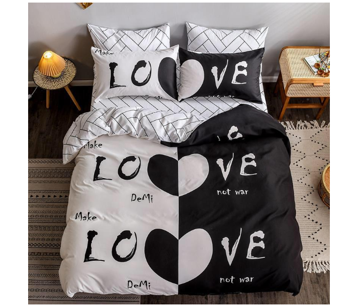  Love Design 6 Pcs Cotton Double Size Bedsheet with Quilt Cover and Pillow Case - White and Black 1 in UAE