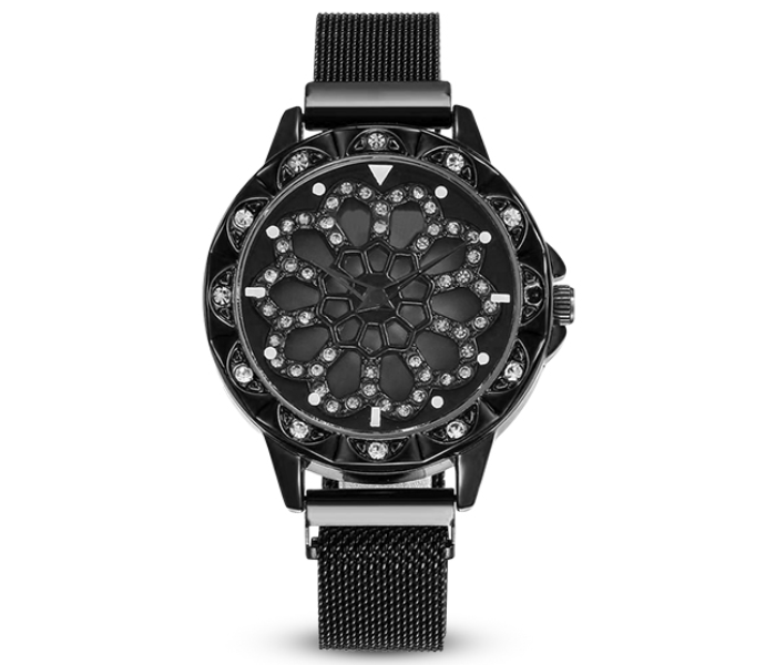 Sphere 360 Rotation Womens Magnetic Stainless Steel Mesh Strap Watch - Black 1 in OMAN