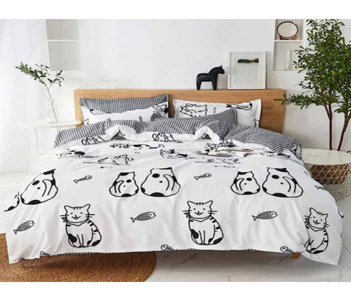 Puppy and Kitty Design 6 Pcs Design Cotton Double Size Bedsheet with Quilt Cover and Pillow Case - Black and White 3 in OMAN