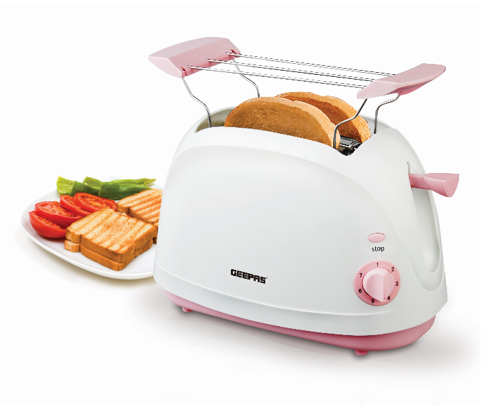 Geepas GBT6110 2 Slice Bread Toaster with Crumb Tray - White & Pink 1 in OMAN