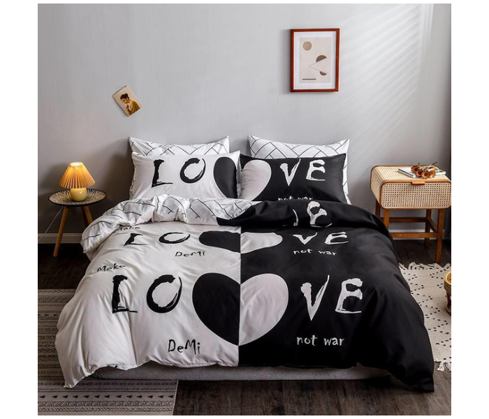  Love Design 6 Pcs Cotton Double Size Bedsheet with Quilt Cover and Pillow Case - White and Black 2 in UAE