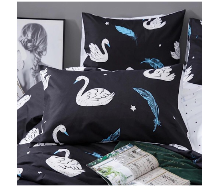 Swan Design 6 Pcs Cotton Double Size Bedsheet with Quilt Cover and Pillow Case - Black 2 in UAE