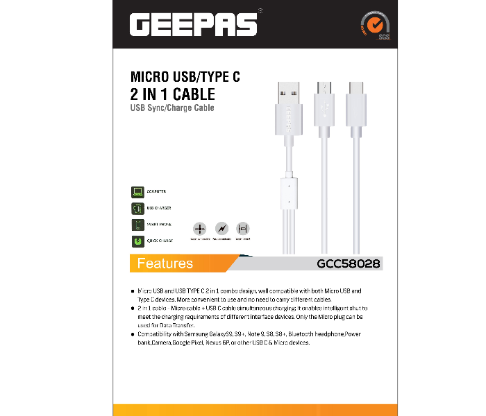 Geepas GCC58028 2 in 1 Micro USB and Type C Cable - White 4 in UAE