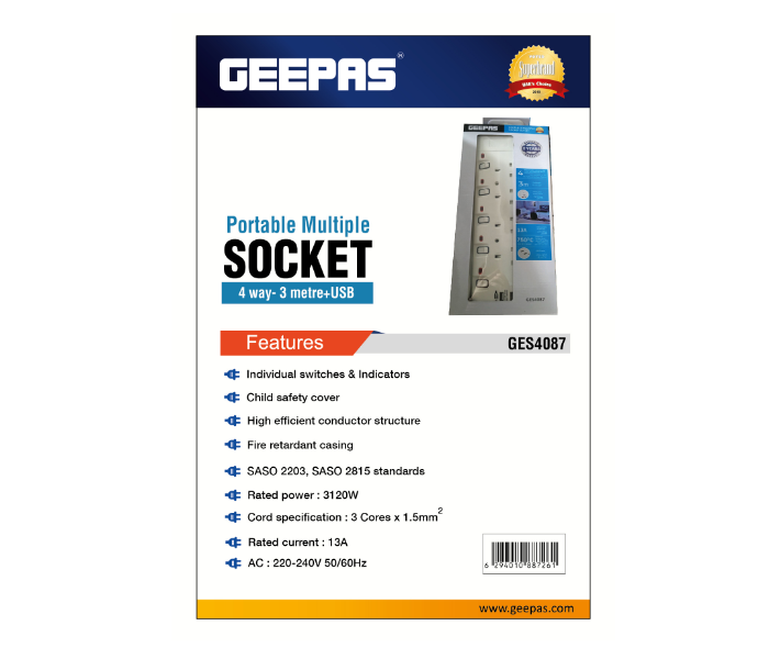 Geepas GES4087 3 Meter Portable Multi Socket 4 Way - White 4 in OMAN