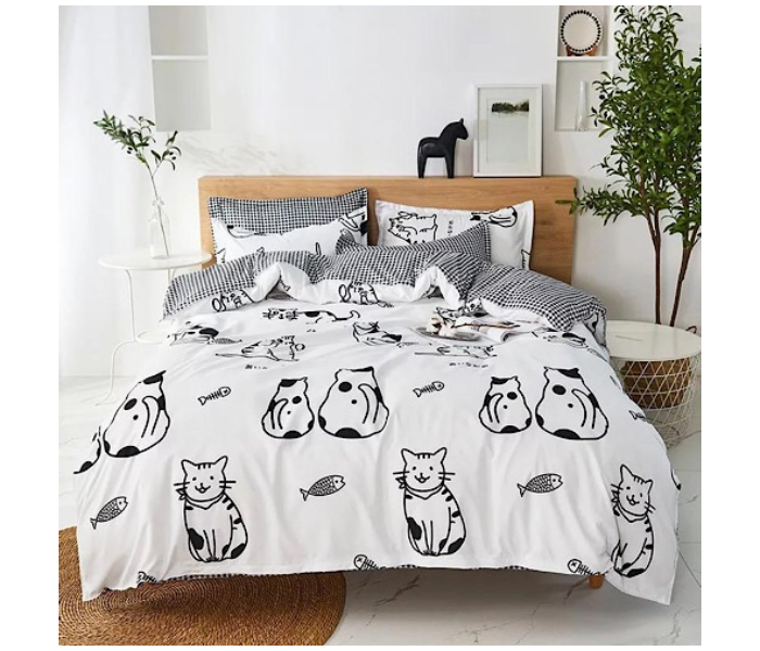Puppy and Kitty Design 6 Pcs Design Cotton Double Size Bedsheet with Quilt Cover and Pillow Case - Black and White 1 in OMAN