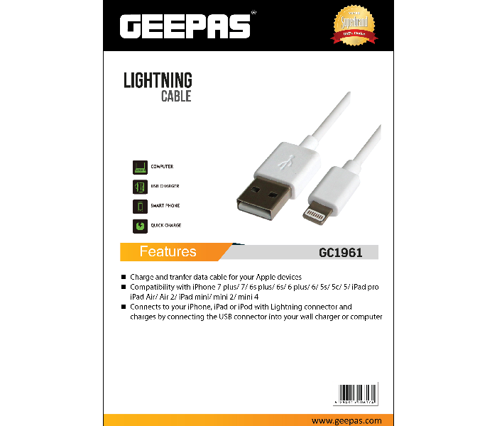 Geepas GC1961 Lightning Cable - White 5 in OMAN