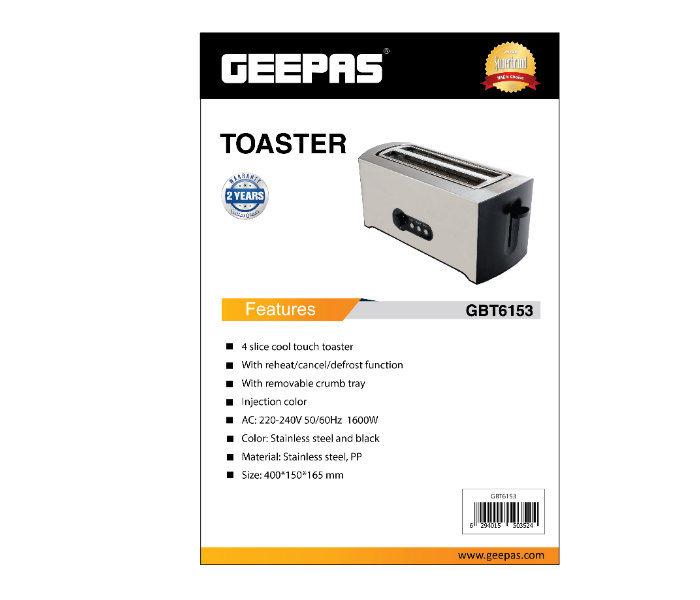 Geepas GBT6153 4-Slice Stainless Steel Bread Toaster - Silver 5 in UAE