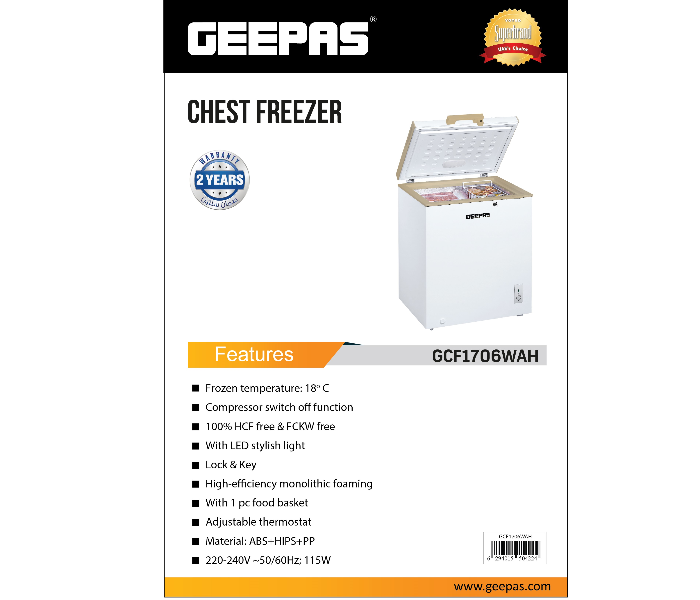 Geepas GCF1706WAH 170 Litre Chest Freezer with Food Basket - White 4 in UAE