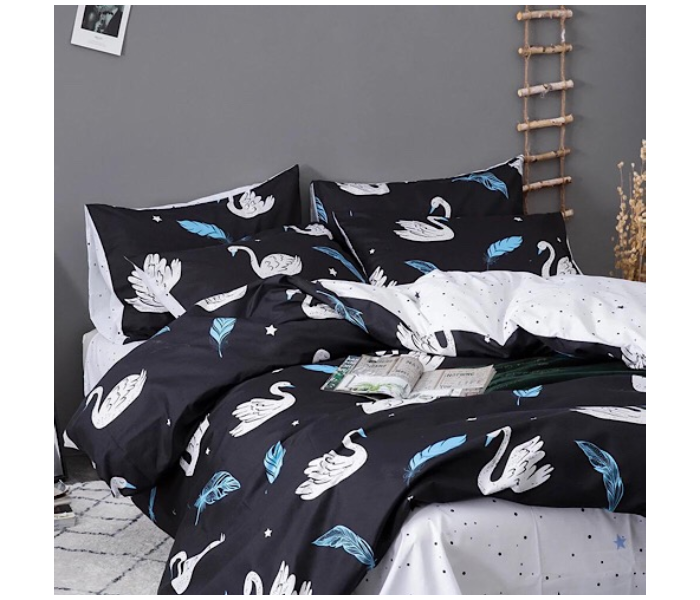 Swan Design 6 Pcs Cotton Double Size Bedsheet with Quilt Cover and Pillow Case - Black 3 in UAE