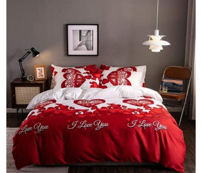 I Love You 6 Pieces High Quality Cotton Double Size Bed Sheet with Quilt Cover and Pillow Case – Red and White 2 in UAE