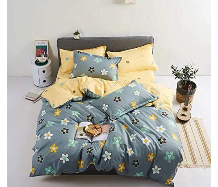 Flower 6 Pieces High Quality Cotton Double Size Bed Sheet with Quilt Cover and Pillow Case – Grey and Yellow 1 in OMAN