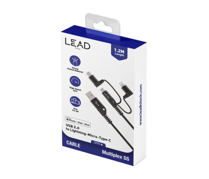 Lead Multiplex SS 1.2 Meter Fishnet Braided 3in1MFI USB 2.0 to Lightning to Micro -TypeC Cable - Black 3 in UAE