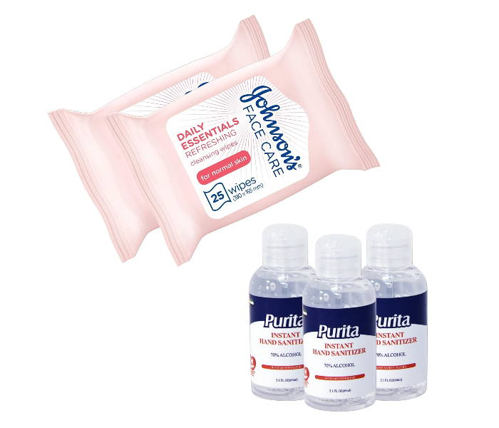 Johnson’s Daily Essentials Refreshing Cleansing Wipes for Normal Skin 25 wipes x 2 and Purita Instant Hand Sanitizer Gel 60ml x 3 Travel Bundle Set 1 in UAE