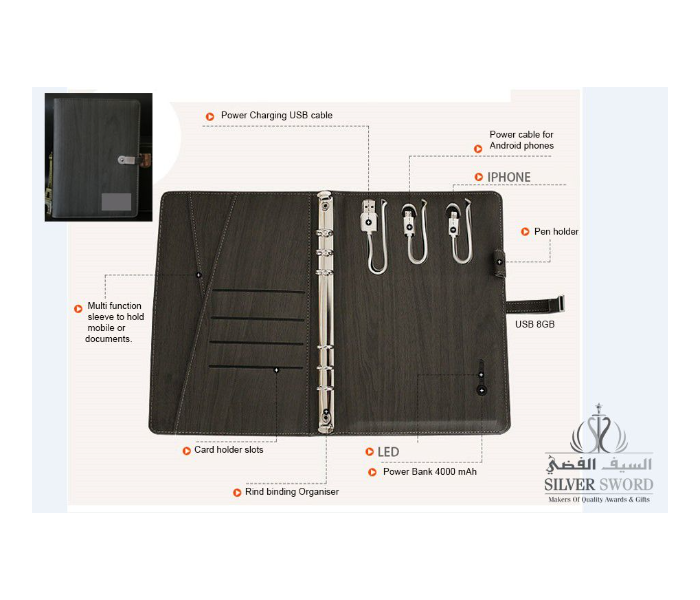 SS PU Leather Notebook With USB And Powerbank With Silver Metal Plate - Black 2 in UAE