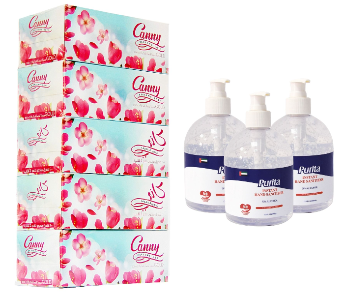 Canny 200 x 2 Ply Soft Facial Tissue Gold Pack Of 5 and Purita Instant Hand Sanitizer with Moisturizers 500ml Pack of 3 1 in UAE
