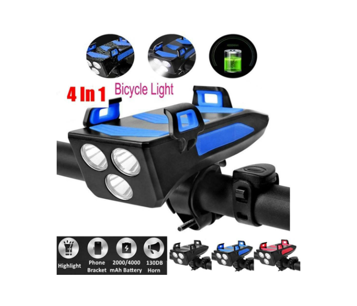 Sytload Bike Front LED Headlight With Horn and Phone Holder with 4000mAh USB Rechargeable Power Bank - Blue and Black 3 in UAE