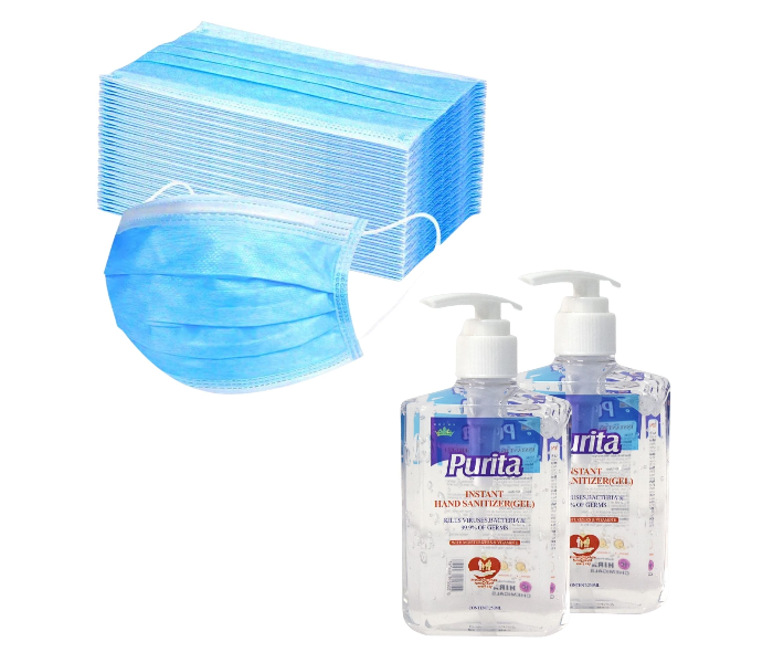 Disposable 3 layers Breathable Surgical Face Mask 50pcs and Purita Instant Hand Sanitizer with Moisturizers 250ml Pack of 2 1 in UAE