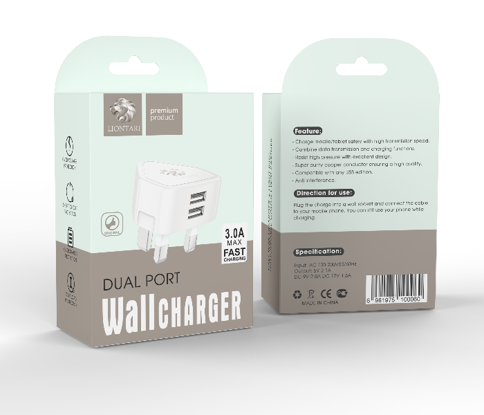 Liontari Dual Port Wall Charger - White 1 in OMAN
